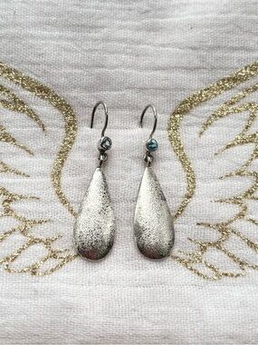 Brushed Sterling Silver Teardrop Drop Earrings with Blue Topaz
